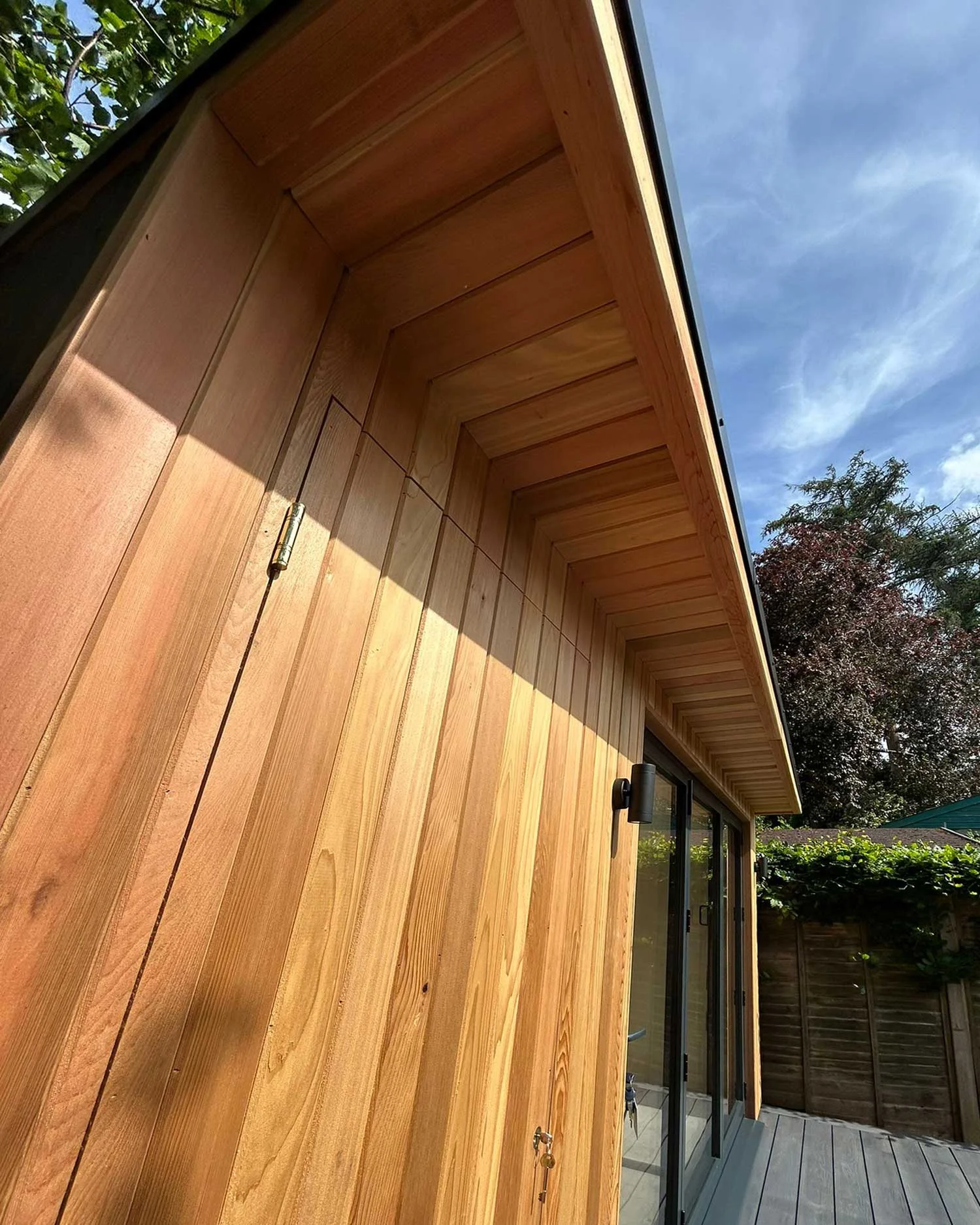 Cedar soffit canopy detail — Western Red Cedar tongue-and-groove underside
